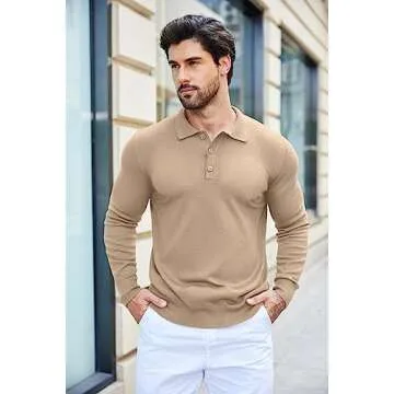 COOFANDY Men's Long Sleeve Polo Shirt Casual Knit Button Down Golf Shirt Khaki