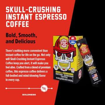 Fire Department Coffee - Skull Crushing Instant Espresso - Instant Coffee Packets Single Serve - Gives Back to Firefighters - Veteran Owned - Enjoy Hot or Cold (Pack of 10)