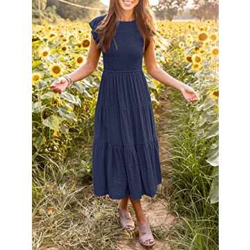 MEROKEETY Women's Summer Smocked Midi Dress - Elegant Flutter Sleeve Design