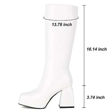 Kirliner Womens Go Go Boots 70s Platform Square Toe Slouch Boots Chunky Heel Block Knee High Boots for Cosplay Costume White 7.5