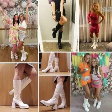 Kirliner Womens Go Go Boots 70s Platform Square Toe Slouch Boots Chunky Heel Block Knee High Boots for Cosplay Costume White 7.5