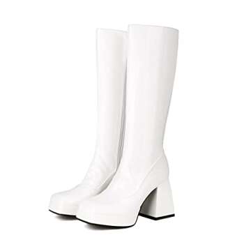 Kirliner Womens Go Go Boots 70s Platform Square Toe Slouch Boots Chunky Heel Block Knee High Boots for Cosplay Costume White 7.5