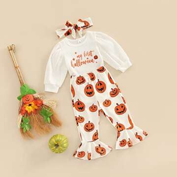 My First Halloween Baby Girl Outfit Pumpkin Onesie+Bell Bottoms+Headband Newborn 1st Halloween Cloth...