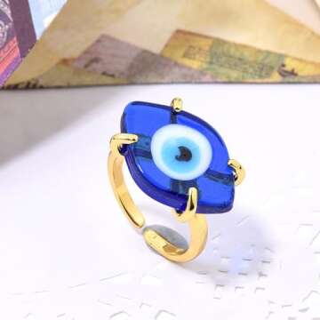 OSCCI Handmade Evil Eye Glass Open Ring for Women Bohemia Coloured Glaze Adjustable Ring Protection Jewelry (Blue)