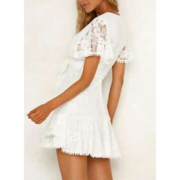 Dokotoo Womens Plus Size Dresses Cute Summer Casual Sexy Deep V Neck Floral Print Lace Crochet Ruffle Chiffon Swing Short Sleeve Elegant Knot Waist Flowy Boho Mini Dress for Women Party White Large