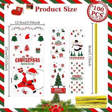 BOEIAC Christmas Cellophane Treat Bags - 100 Pack, 5.04" x 10.63" Plastic Candy Bags with 100 Twist ...