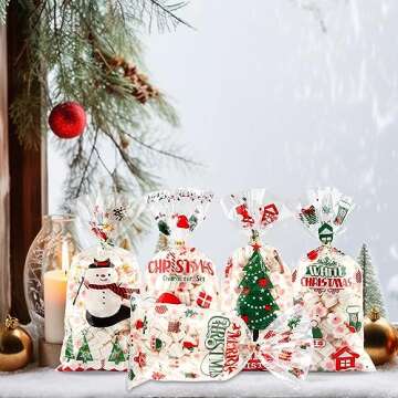BOEIAC Christmas Cellophane Treat Bags - 100 Pack, 5.04" x 10.63" Plastic Candy Bags with 100 Twist Ties for Cookie Goodies & Xmas Party Favors