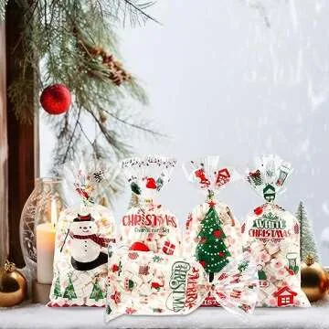 BOEIAC Christmas Cellophane Treat Bags - 100 Pack, 5.04" x 10.63" Plastic Candy Bags with 100 Twist Ties for Cookie Goodies & Xmas Party Favors