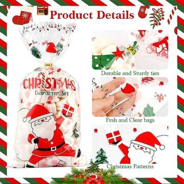 BOEIAC Christmas Cellophane Treat Bags - 100 Pack, 5.04" x 10.63" Plastic Candy Bags with 100 Twist Ties for Cookie Goodies & Xmas Party Favors