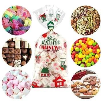 BOEIAC Christmas Cellophane Treat Bags - 100 Pack, 5.04" x 10.63" Plastic Candy Bags with 100 Twist Ties for Cookie Goodies & Xmas Party Favors