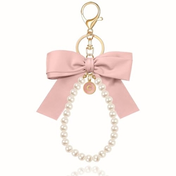 XGALBLA Pink Initial Letter Cute Bow Keychain - Elegant Pearl Wristlet for Women