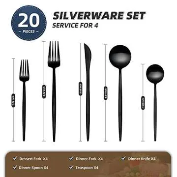 Matte Black Silverware Set, 20-Piece Satin Finish Stainless Steel Flatware Set Service for 4, Knives...