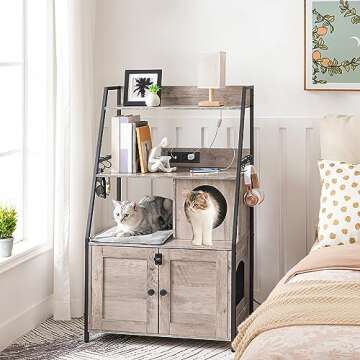 HOOBRO Litter Box Enclosure with 2 Storage Shelves, Tall Cat Litter Box Furniture Hidden with Charging Station, Indoor Cat Furniture with Cat House and Plush Mat, Greige BG70UMW01