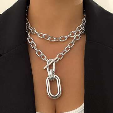 Long tiantian Chunky Silver Necklace Jewelry for Women Silver Statement Necklace Punk Silver Layered...