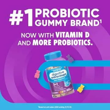 Digestive Advantage Probiotics For Digestive Health, Probiotic Gummies & Vit D, Daily Probiotics For Women &Men Occasional Bloating, Minor Abdominal Discomfort & Gut Health, 80ct Natural Fruit Flavors
