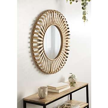 Kate and Laurel Oren Boho Round Bamboo Mirror, 28 Inch Diameter, Natural Wood, Decorative Round Wood Mirror for Wall
