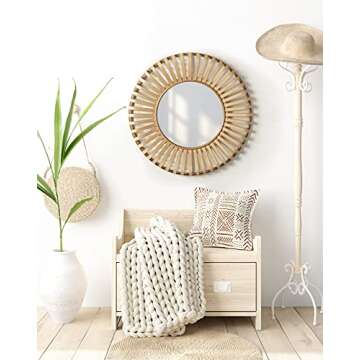 Kate and Laurel Oren Boho Round Bamboo Mirror, 28 Inch Diameter, Natural Wood, Decorative Round Wood Mirror for Wall
