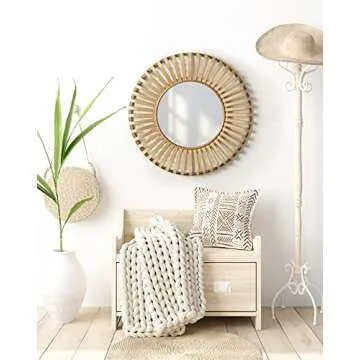 Kate and Laurel Oren Boho Round Bamboo Mirror, 28 Inch Diameter, Natural Wood, Decorative Round Wood Mirror for Wall