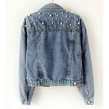 Trendy Flygo Women's Distressed Denim Jacket with Pearls