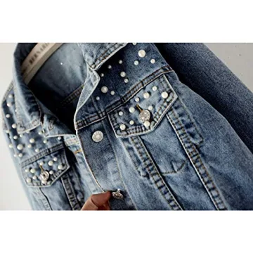 Trendy Flygo Women's Distressed Denim Jacket with Pearls