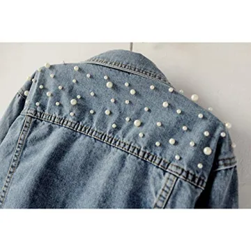 Trendy Flygo Women's Distressed Denim Jacket with Pearls
