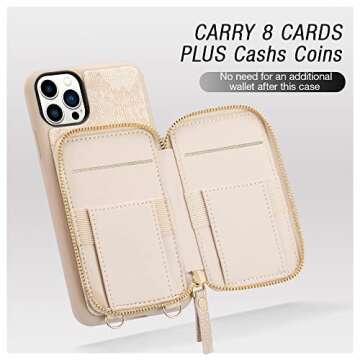 ZVEdeng Wallet Case Compatible with iPhone 13 Pro, Card Holder Case with Wrist Strap Leather Handbag Purse Zipper Wallet for Women Protective Case for iPhone 13 Pro 6.1'' Lizard Skin Apricot