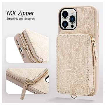 ZVEdeng Wallet Case Compatible with iPhone 13 Pro, Card Holder Case with Wrist Strap Leather Handbag Purse Zipper Wallet for Women Protective Case for iPhone 13 Pro 6.1'' Lizard Skin Apricot