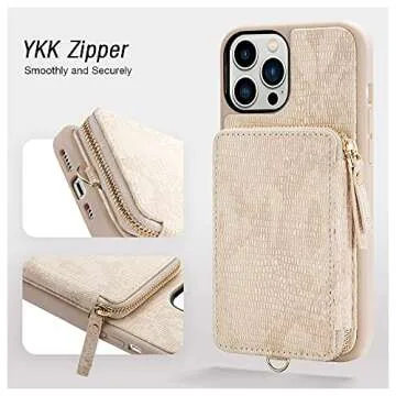 ZVEdeng Wallet Case Compatible with iPhone 13 Pro, Card Holder Case with Wrist Strap Leather Handbag Purse Zipper Wallet for Women Protective Case for iPhone 13 Pro 6.1'' Lizard Skin Apricot