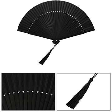 Maitys Black Folding Hand Fan Bamboo Silk Folding Fan Handheld for Women Chinese Vintage Handheld Rave with Tassel for Festival Dance Music Party Home Decor(Classic Style,2 Pieces)
