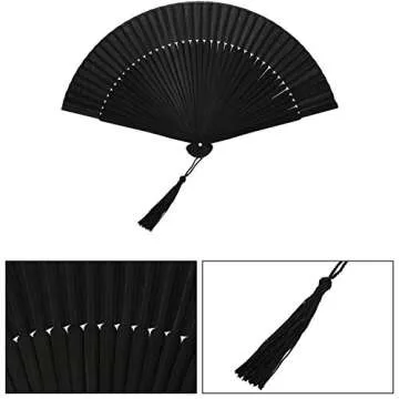 Maitys Black Folding Hand Fan Bamboo Silk Folding Fan Handheld for Women Chinese Vintage Handheld Rave with Tassel for Festival Dance Music Party Home Decor(Classic Style,2 Pieces)