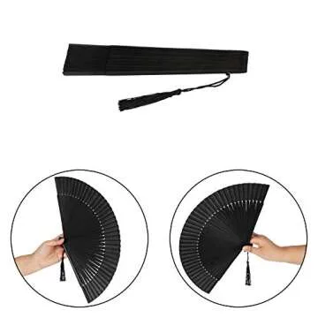 Maitys Black Folding Hand Fan Bamboo Silk Folding Fan Handheld for Women Chinese Vintage Handheld Rave with Tassel for Festival Dance Music Party Home Decor(Classic Style,2 Pieces)