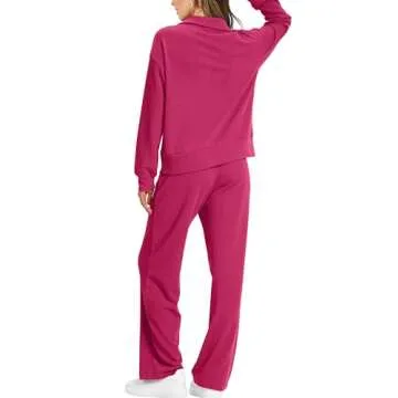 XIEERDUO Ladies Two Piece Outfits Fall Long Sleeve Tracksuit Airport Loungewear Wide Leg Sweatpants Sweatsuit Sets Women's Loungewear Pink XL