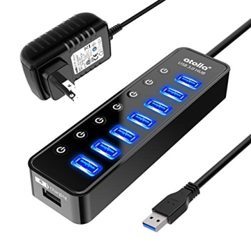 Powered USB Hub 3.0, Atolla 7-Port USB Data Hub Splitter with One Smart Charging Port and Individual...