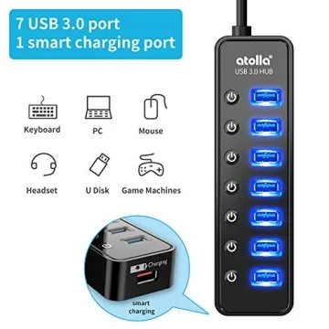 Atolla 7-Port USB 3.0 Hub with Smart Charging and Switches
