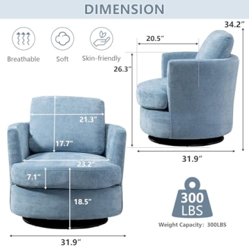 ODUWA Swivel Barrel Chair Set of 2,31.9" W Modern Round Accent Arm Chairs Upholstered Comfy 360 Degree Swivel Single Circle Club Sofa Chair for Nursery Living Room Bedroom, Light Blue