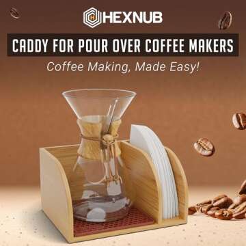 HEXNUB Bamboo Caddy for Pour Over Coffee Maker, Fits Chemex, Bodum, Cosori, Heatproof Mat, Filter Ho...