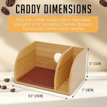 HEXNUB Bamboo Caddy for Pour Over Coffee Maker, Fits Chemex, Bodum, Cosori, Heatproof Mat, Filter Holder