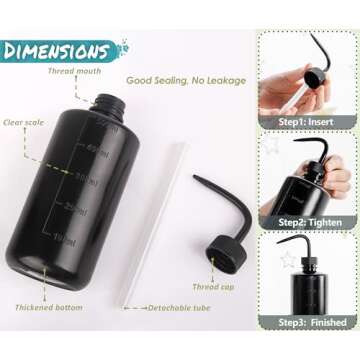 Melphoe Tattoo Wash Bottle Squeeze, 2Pcs 500ml Squirt Bottle Succulent Watering Can, Safety Rinse, Lab Washing, Tattoo Supplies, Lash Water Squeezer, Black