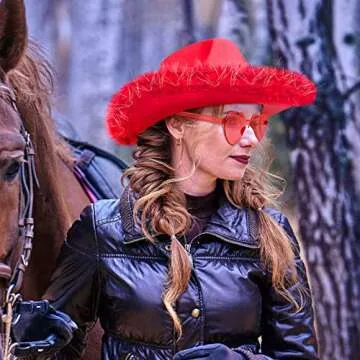 Zhanmai 6 Pieces Cowgirl Hat with Feather Boa and 6 Pieces Heart Sunglasses Set for Girls Bachelorette Party, Costume Party