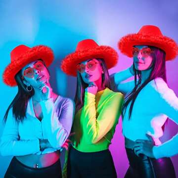 Zhanmai 6 Pieces Cowgirl Hat with Feather Boa and 6 Pieces Heart Sunglasses Set for Girls Bachelorette Party, Costume Party