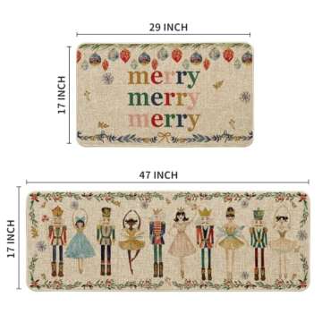Artoid Mode Watercolor Nutcrackers Merry Christmas Decorative Kitchen Mats Set of 2, Home Party Low-Profile Kitchen Rugs - 17x29 and 17x47 Inch