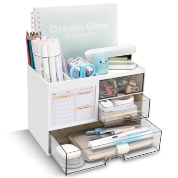 QIYVLOS Desk Organizer with 3 Drawer, Multi-Functional Pencil Pen Holder for Desk, Desk Organizers a...