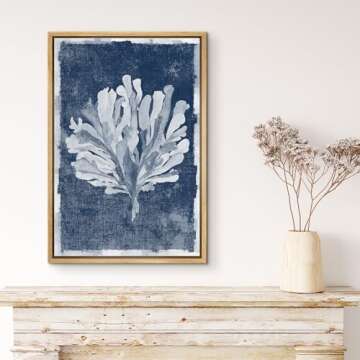 MUDECOR Framed Canvas Print Wall Art Faded White Fan-Shaped Plant Nature Wilderness Illustrations Modern Art Nautical Relax/Calm Blue Ultra for Living Room, Bedroom, Office - 24"x36" Natural