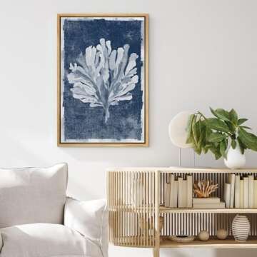 MUDECOR Framed Canvas Print Wall Art Faded White Fan-Shaped Plant Nature Wilderness Illustrations Modern Art Nautical Relax/Calm Blue Ultra for Living Room, Bedroom, Office - 24"x36" Natural
