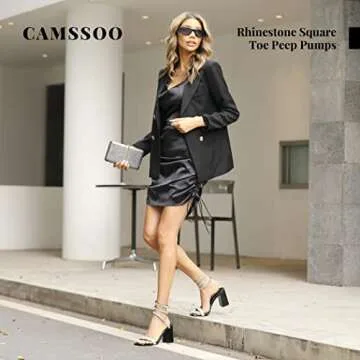 CAMSSOO Strappy Heels For Women Rhinestone Chunky High Heel Sandals Ankle Strap Square Toe Wedding Evening Party Dress Pumps Shoes