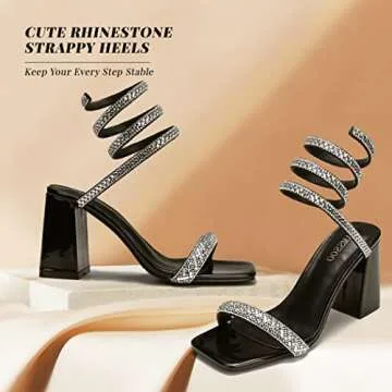 CAMSSOO Strappy Heels For Women Rhinestone Chunky High Heel Sandals Ankle Strap Square Toe Wedding Evening Party Dress Pumps Shoes
