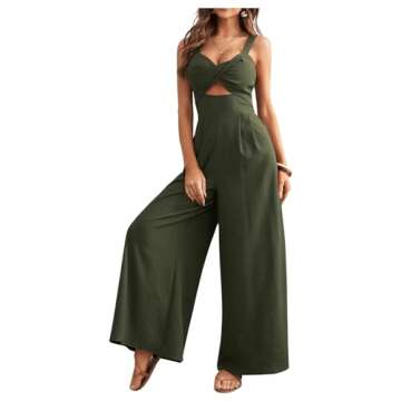 Verdusa Women's Loose Sleeveless V Neck One Piece Outfits Spaghetti Straps Crop High Waist Wide Leg Cami Jumpsuit Army Green X-Large