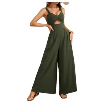 Verdusa Women's Loose Sleeveless V Neck One Piece Outfits Spaghetti Straps Crop High Waist Wide Leg Cami Jumpsuit Army Green X-Large
