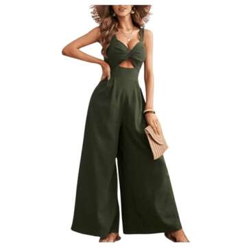 Verdusa Women's Loose Sleeveless V Neck One Piece Outfits Spaghetti Straps Crop High Waist Wide Leg Cami Jumpsuit Army Green X-Large