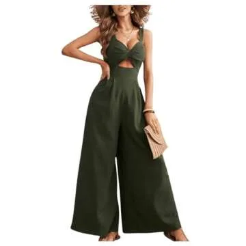 Verdusa Women's Loose Sleeveless V Neck One Piece Outfits Spaghetti Straps Crop High Waist Wide Leg Cami Jumpsuit Army Green X-Large